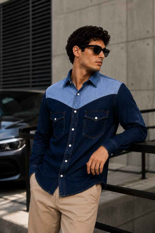 SLAY. Men's Yoke Block Stretch Denim Shirt
