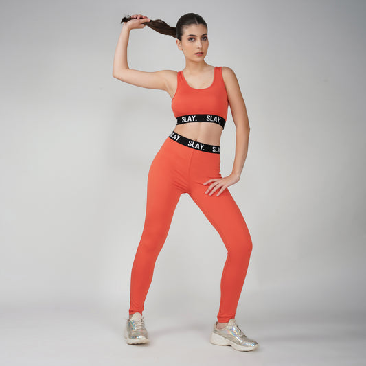SLAY.Women's Orange Activewear Crop Top And Pants Co-ord Set