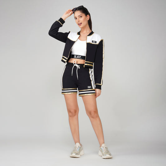SLAY. Women's Black Power Play 3-Piece Co-ord Set – Jacket + Crop Top + Shorts or Pants | Made to Order