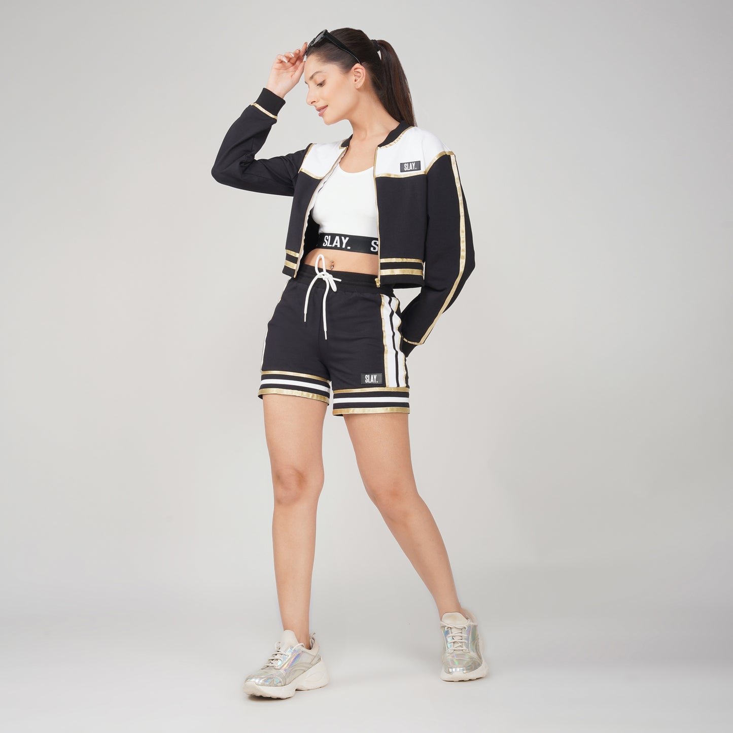 SLAY. Women's Black Power Play 3-Piece Co-ord Set – Jacket + Crop Top + Shorts or Pants | Made to Order