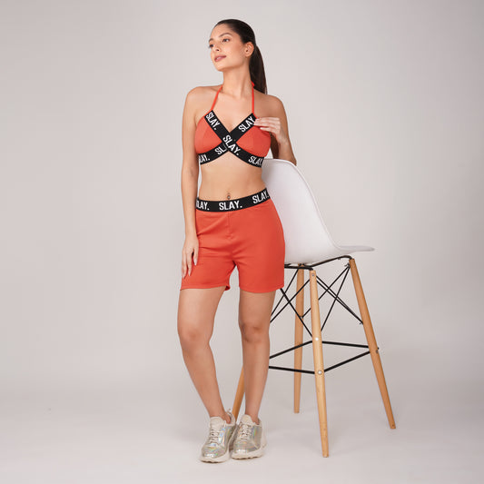 SLAY. Women's Orange Activewear Backless Sports Bra And High waist Shorts Co-ord Set