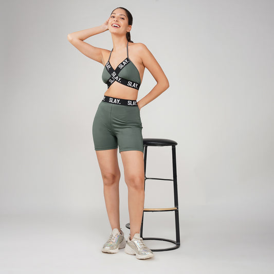 SLAY. Women's Grey Activewear Backless Sports Bra And High waist Shorts Co-ord Set