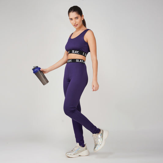 SLAY.Women's Purple Activewear Crop Top And Pants Co-ord Set