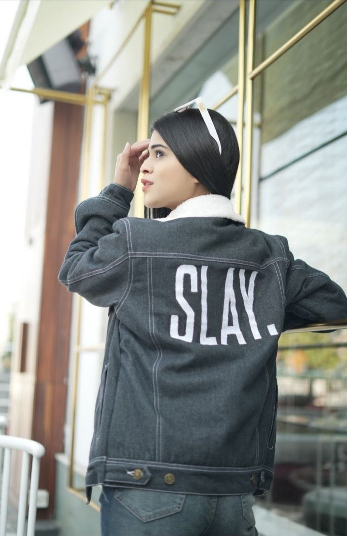 SLAY. Women's Black Denim Jacket with Faux-fur Lining