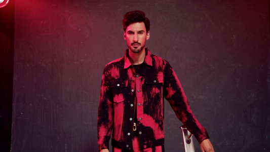 SLAY. Men's "Deadpool Theme" Red & Black Tie Dye Button-Down Ripped Denim Jacket