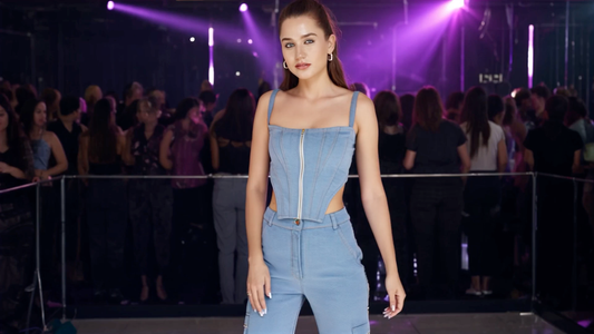 SLAY. Women's Light Blue Enzyme Wash Denim Zip up Corset(Stretch Fabric)