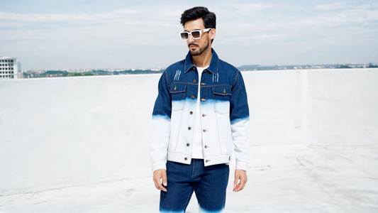 SLAY. Men's Embroidered Ombre Effect Button-Down Ripped Denim Jacket
