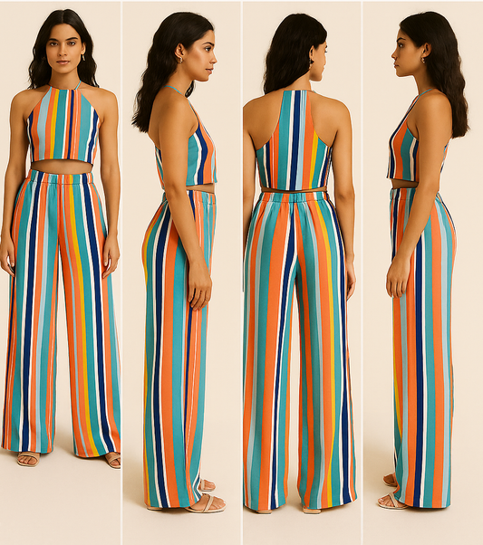 SLAY. Women's Moody Stripe Co-ord Set – Halter Crop & Wide-Leg Pants