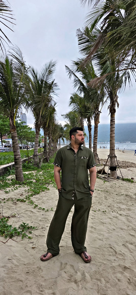 SLAY. Camo Accent Linen Co-ord Set — Olive