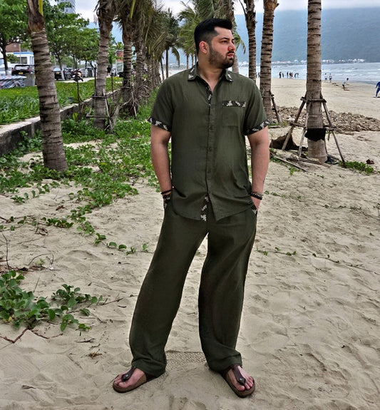 SLAY. Camo Accent Linen Co-ord Set — Olive