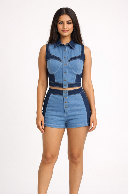 SLAY. Women's Two-Tone Sculpt Denim Top & Shorts Co-ord Set