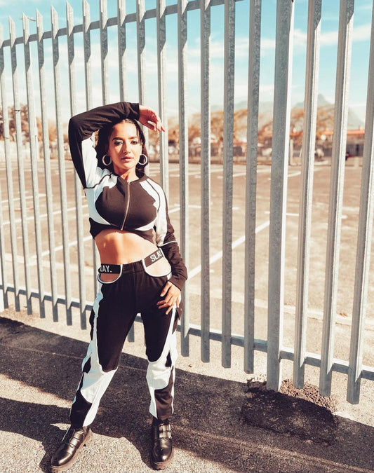 SLAY. Women's Tracksuit Black & White Colorblock Crop Jacket & High Waist Cargo Pants Co-ord Set(3 piece)