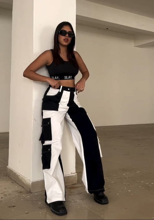 SLAY. Women's Black & White Colorblock Baggy Jeans