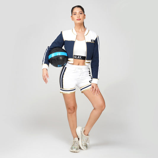SLAY. Women's Blue Power Play 3-Piece Co-ord Set – Jacket + Crop Top + Shorts or Pants | Made to Order