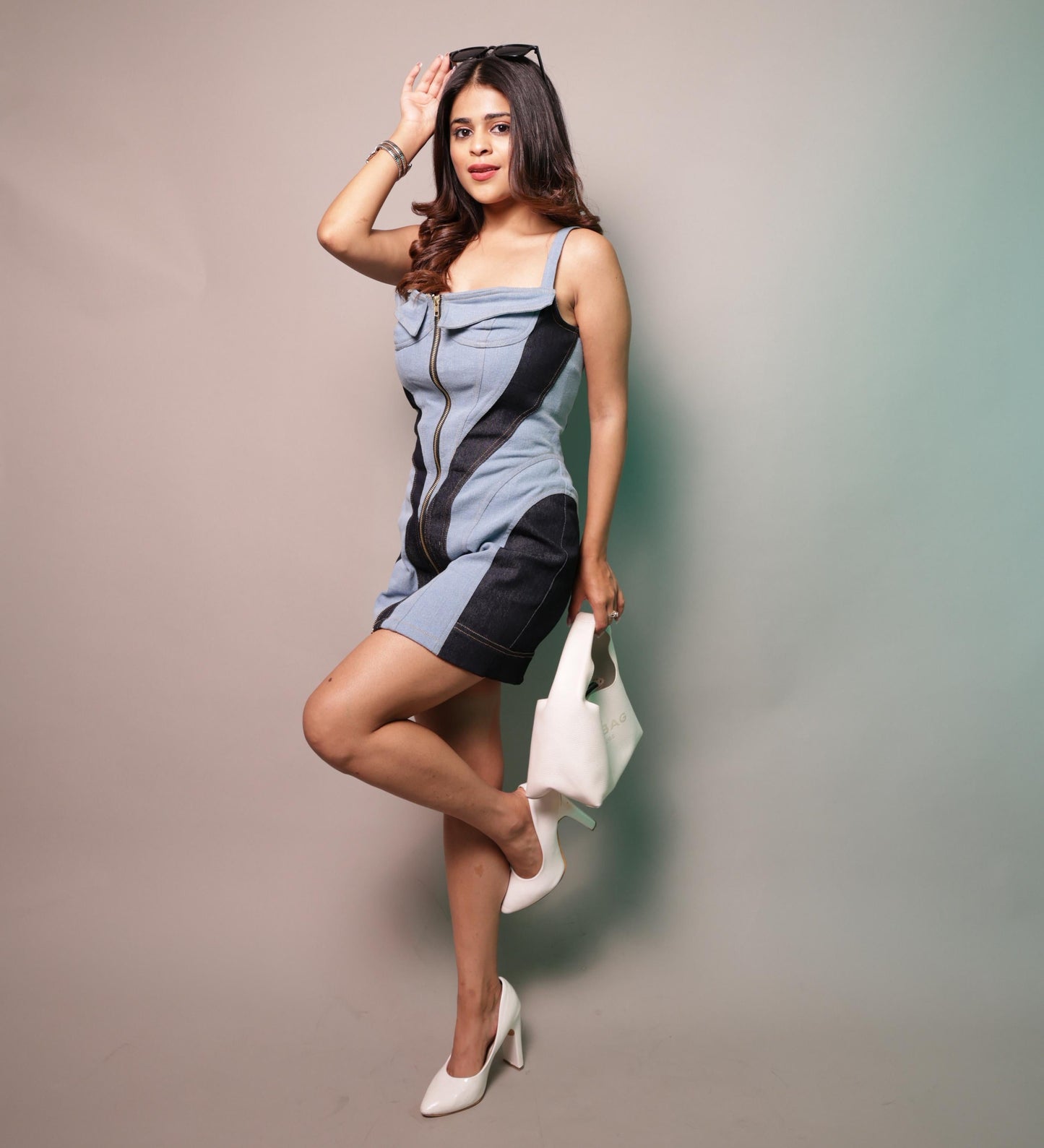 SLAY. Women's Paneled Enzyme Wash Denim Mini Dress (Stretch Fabric)