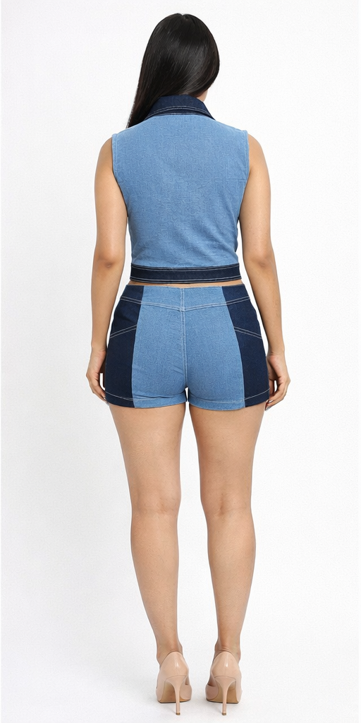SLAY. Women's Two-Tone Sculpt Denim Top & Shorts Co-ord Set