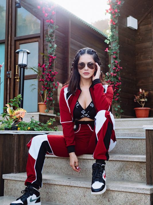 SLAY. Women's Activewear Tracksuit Red Colorblock Crop Jacket & High waist Cargo Pants Co-ord set(3 piece)