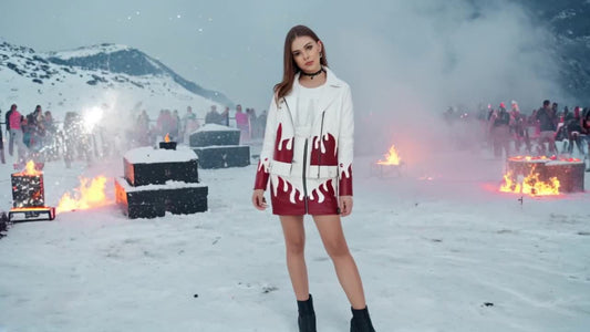 SLAY. Faux Leather Flames Jacket & Skirt Co-ord Set White & Red