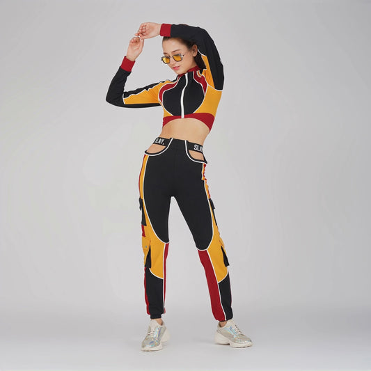 SLAY. Women's Activewear Tracksuit Colorblock Crop Jacket &  High Waist Cargo Pants Co-ord Set(3 piece)