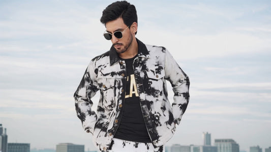 SLAY. Men's White & Black Tie Dye Button-Down Ripped Denim Jacket