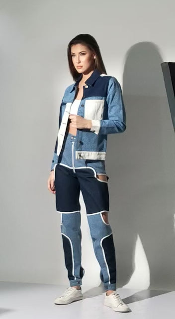SLAY. Women's Blue & White Colorblock Denim Jacket Crop Top & Jeans Co-ord Set(3 Piece)