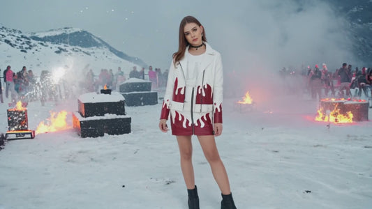 SLAY. Faux Leather Flames Jacket & Skirt Co-ord Set White & Red