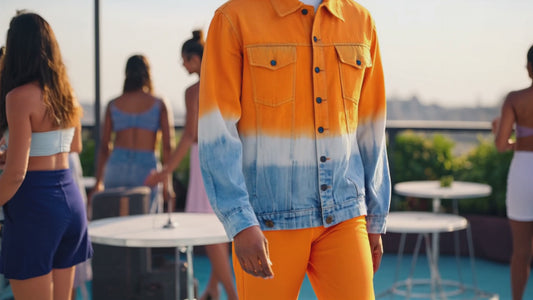 SLAY. Men's Orange White Blue Tie Dye Button-Down Ripped Denim Jacket