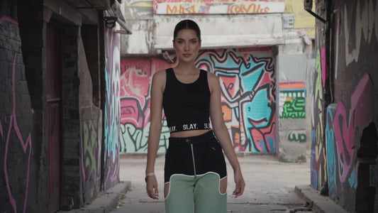 SLAY. Women's Bad Girl Teal & Black Colorblock Denim Jeans