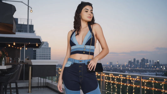 SLAY. Women's 3 Way Acid Wash Colorblock Denim Bikini Bralette(Stretch Fabric)