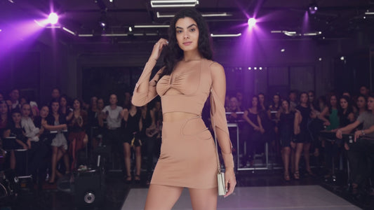 SLAY. Women's Beige Asymmetric Cutout Top & Skirt Co ord Set