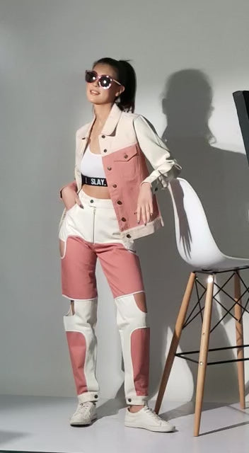 SLAY. Women's Pink & White Colorblock Denim Jacket Crop Top & Jeans Co-ord Set(3 Piece)