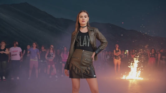 SLAY. Faux Leather Flames Jacket & Skirt Co-ord Set Olive & Black