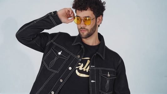 SLAY. Men's Black Contrast Stitch Denim Cotton Biker Jacket For Men