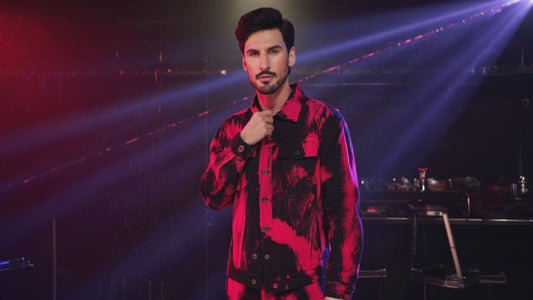 SLAY. Men's "Deadpool Theme" Red & Black Tie Dye Button-Down Ripped Denim Jacket & Jeans Co-ord Set