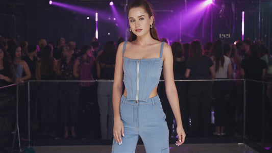 SLAY. Women's Light Blue Enzyme Wash Denim Zip up Corset & Cargo Jeans Co ord Set(Stretch Fabric)