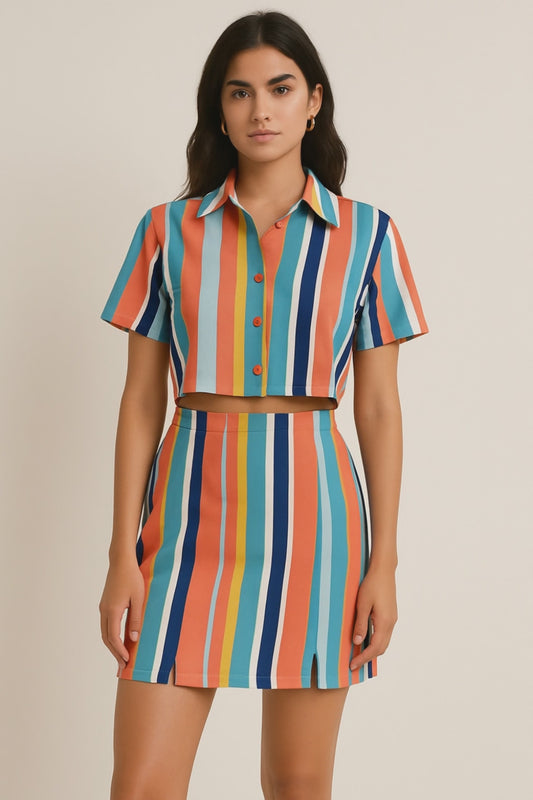 SLAY. Women's Bold Stripes Co-ord Set – Cropped Shirt & Mini Skirt