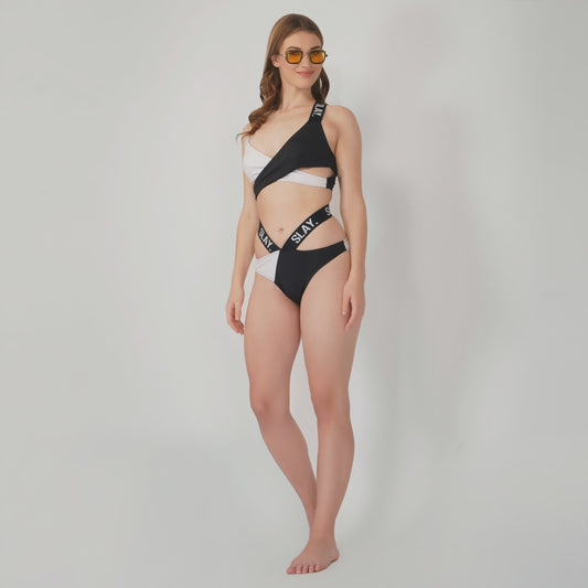 SLAY. Sport Women's Black & White Colorblock Bikini Set Swimwear