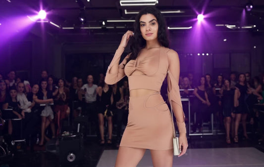 SLAY. Women's Beige Asymmetric Cutout Top & Skirt Co ord Set