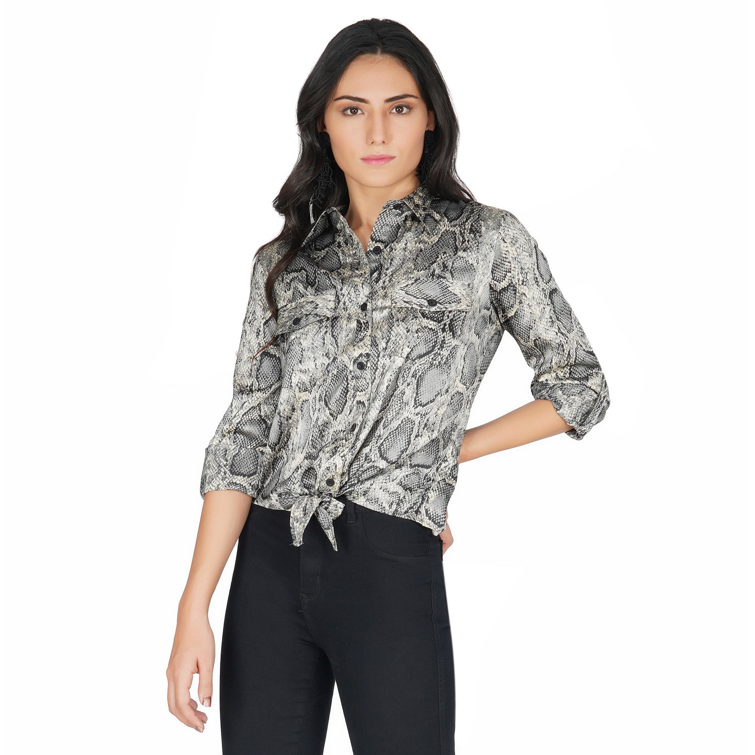 SLAY. Women's Animal Print Shirt with Front Tie Knot & Roll Up Sleeves-clothing-to-slay.myshopify.com-Snake Print Shirt