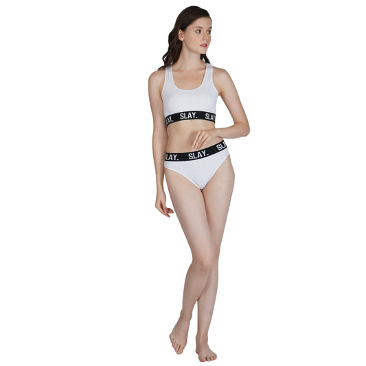 SLAY. Women's Underwear Lingerie Modern Sports Bra and Panty Set White