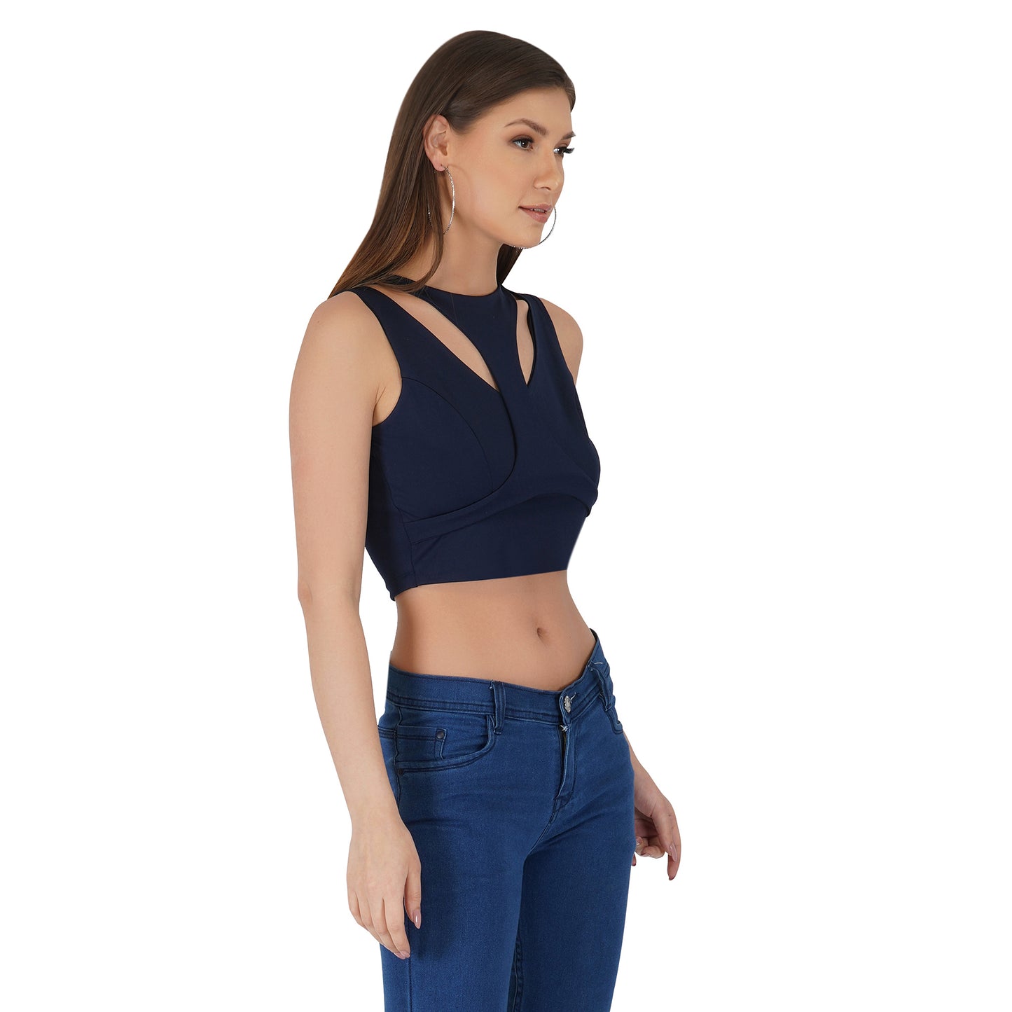 SLAY. Women's Navy Blue Sleeveless Asymmetric Crop Top