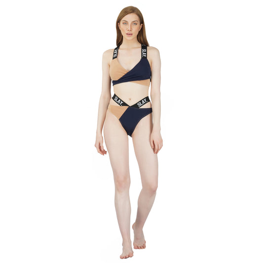 SLAY. Sport Women's Beige & Blue Colorblock Bikini Set Swimwear