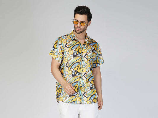 SLAY. Men's Abstract Print Designer Satin Resort Shirt