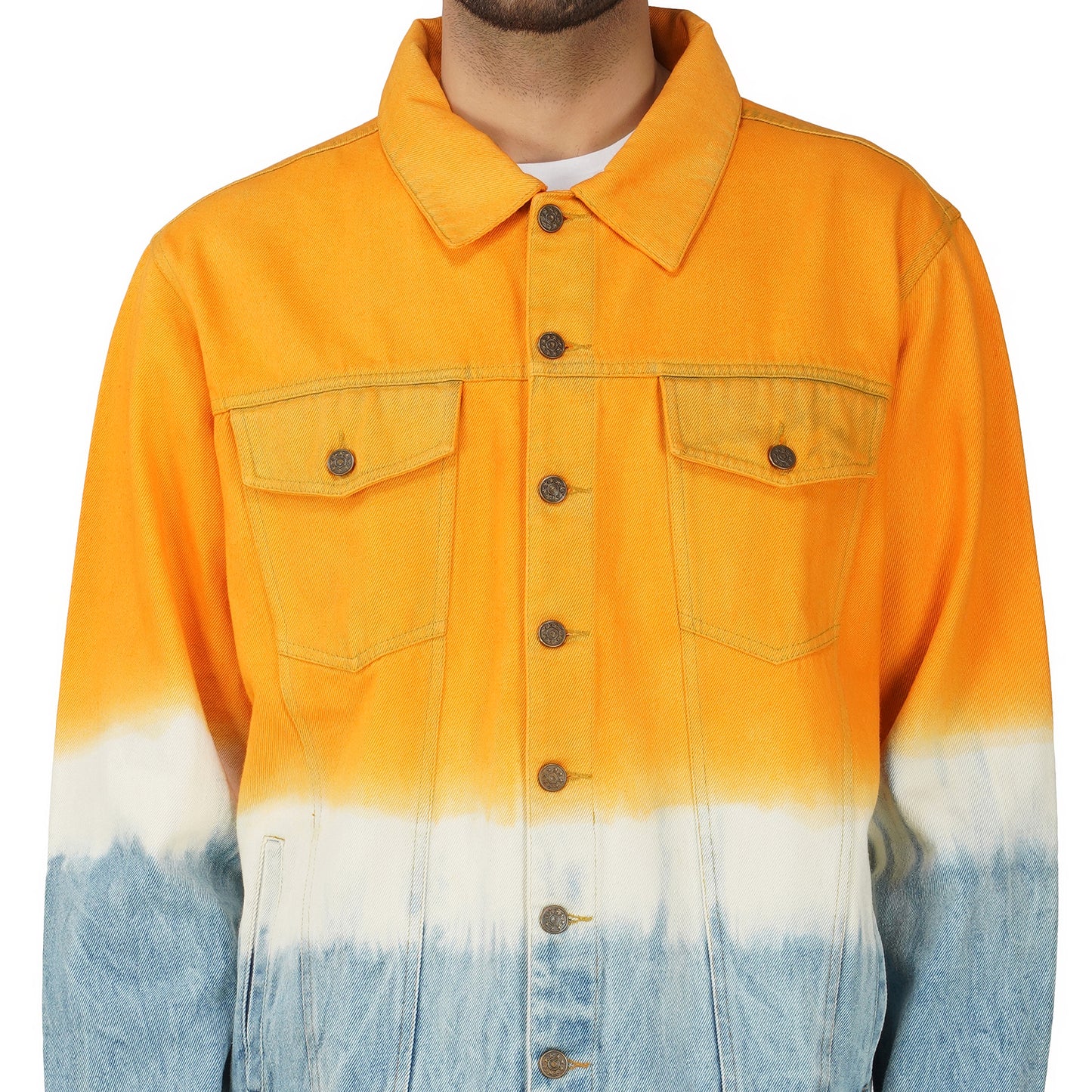 SLAY. Men's Orange White Blue Tie Dye Button-Down Ripped Denim Jacket