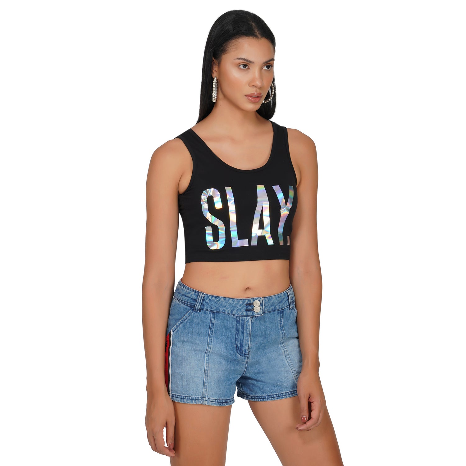 SLAY. Women's Limited Edition Holographic Reflective Foil Print Crop Top-clothing-to-slay.myshopify.com-Crop Top