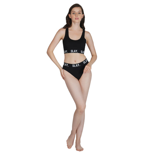 SLAY. Women's Underwear Lingerie Modern Sports Bra and Panty Co-ord Set Black