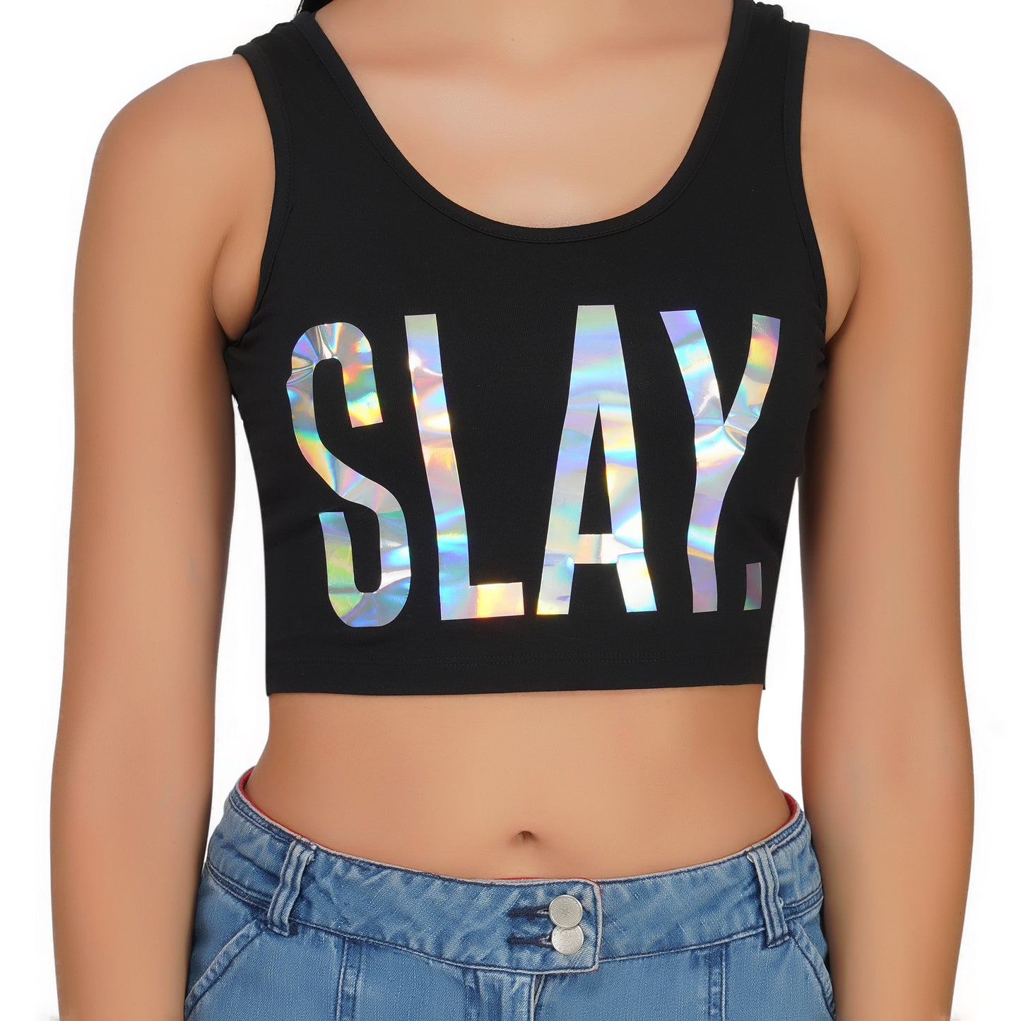 SLAY. Women's Limited Edition Holographic Reflective Foil Print Crop Top-clothing-to-slay.myshopify.com-Crop Top