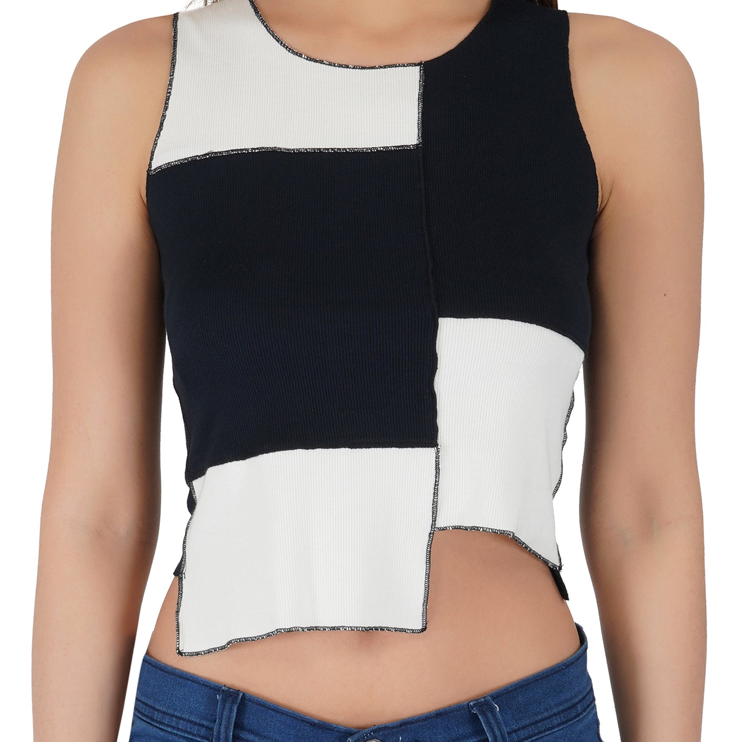 SLAY. Women's Black & White Colorblock Rib Crop Top