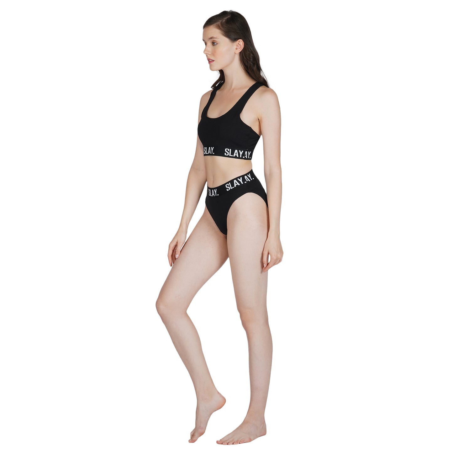 SLAY. Women's Underwear Lingerie Modern Sports Bra and Panty Co-ord Set Black