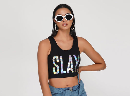 SLAY. Women's Limited Edition Holographic Reflective Foil Print Crop Top-clothing-to-slay.myshopify.com-Crop Top